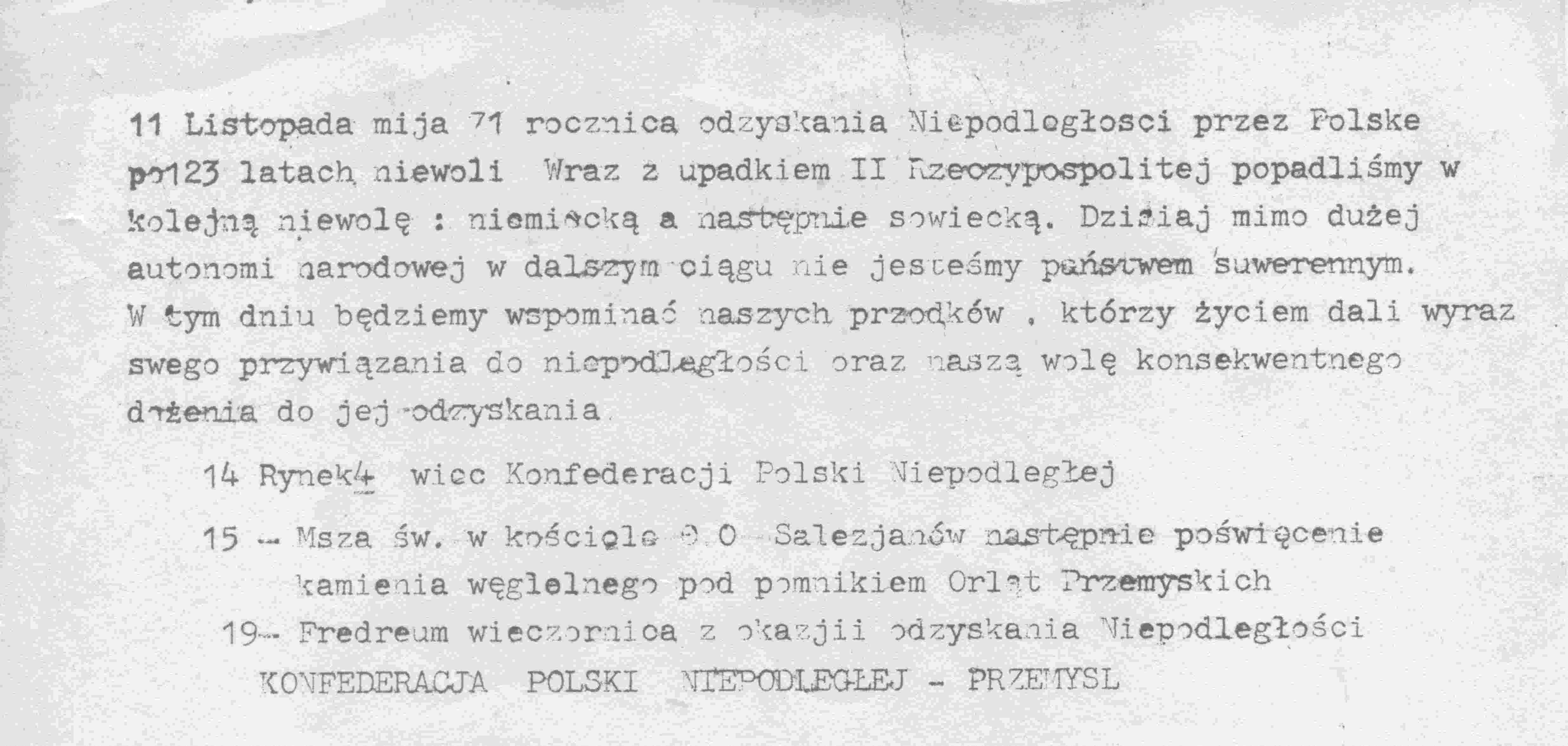 Ulotka z okazji 11 listopada 1989 KPN Przemyśl