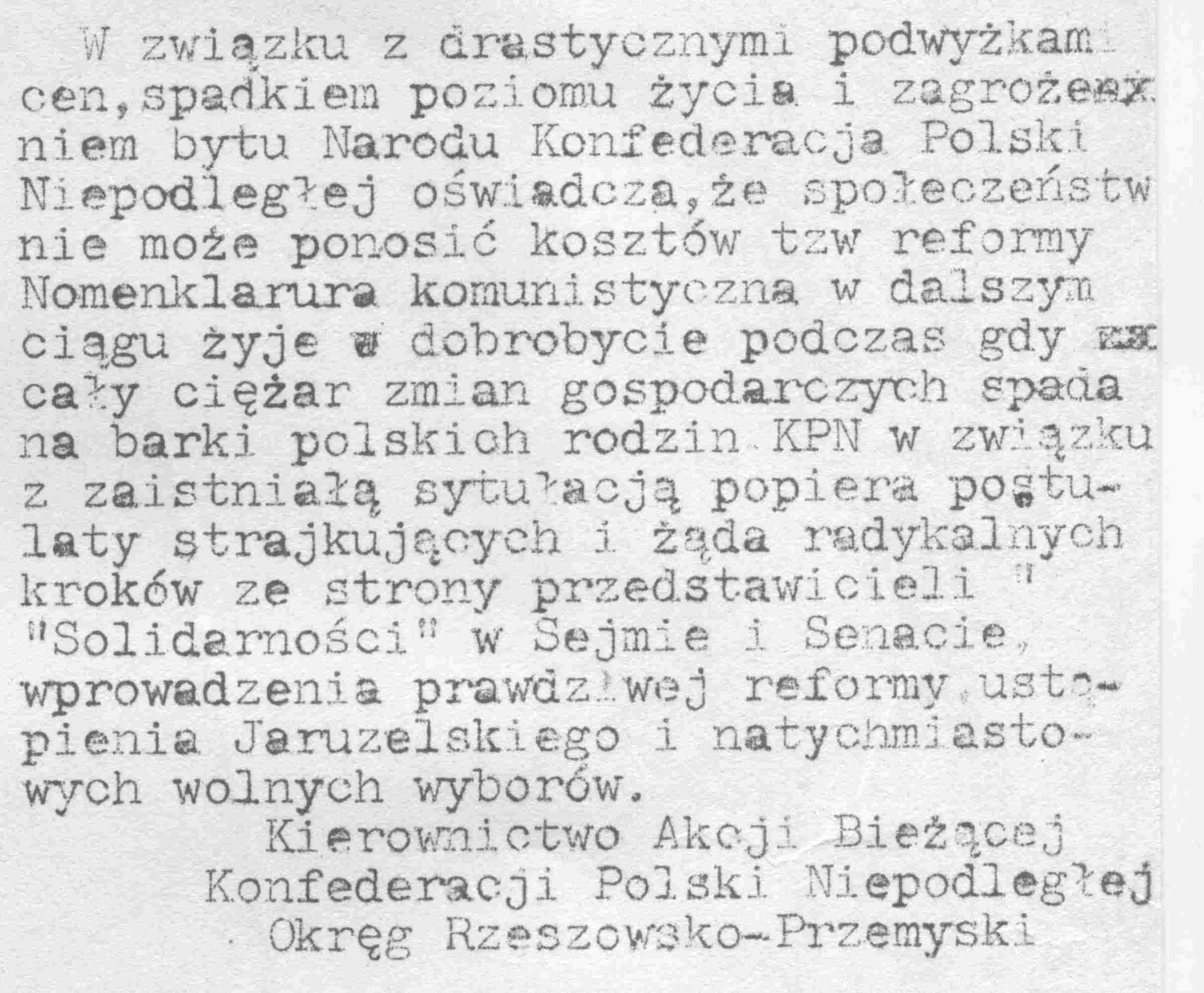 Protest pko podwyzkom cen - ulotka KPN Przemyśl